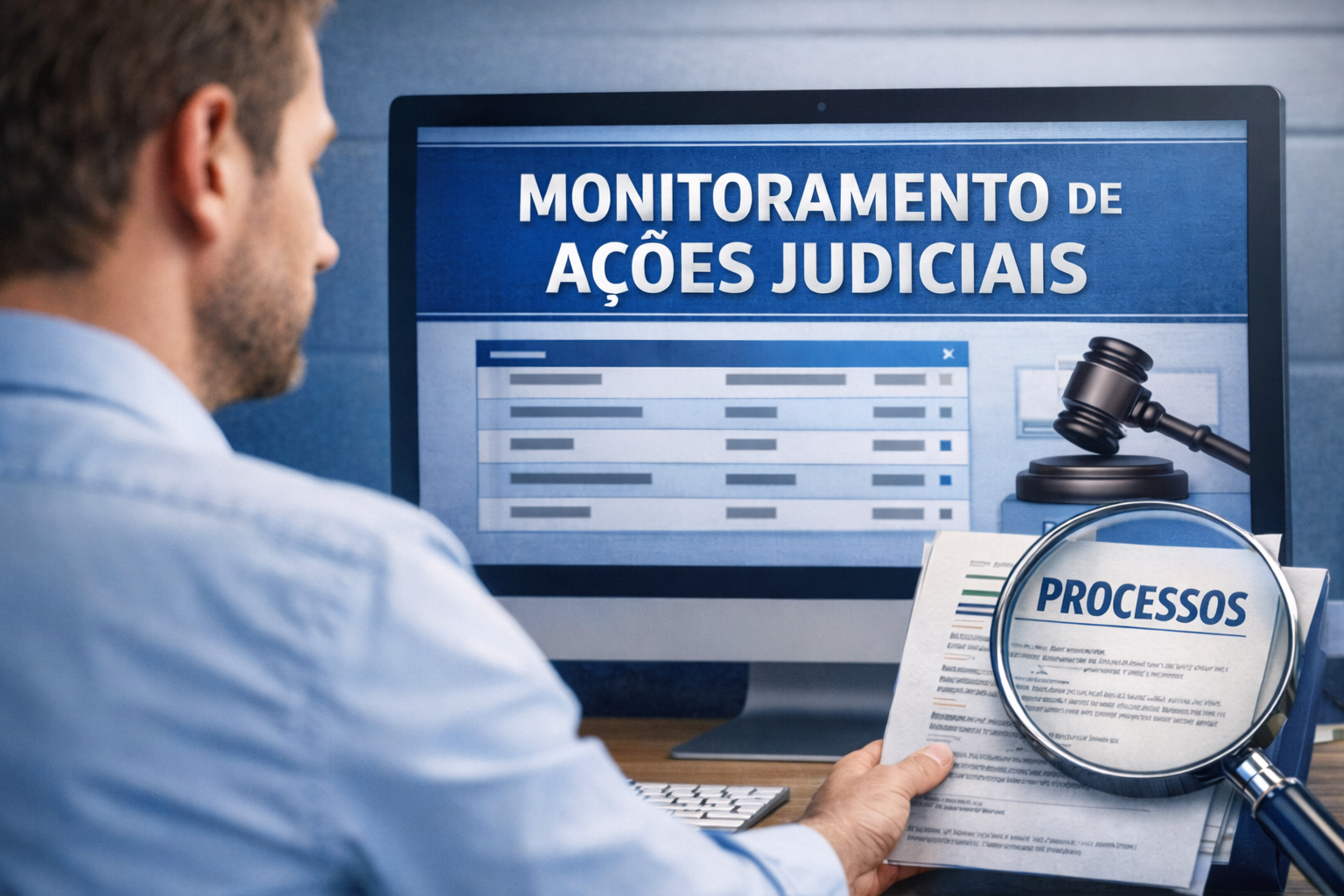 dossiê jurídico sendo analisado em computador com documentos e processos judiciais